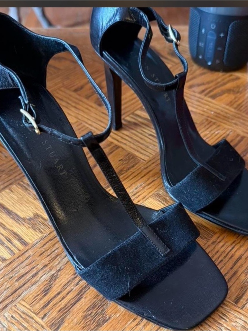 Stuart Weitzman Black Suede T-Strap Stiletto Sandals - Picture 1 of 4